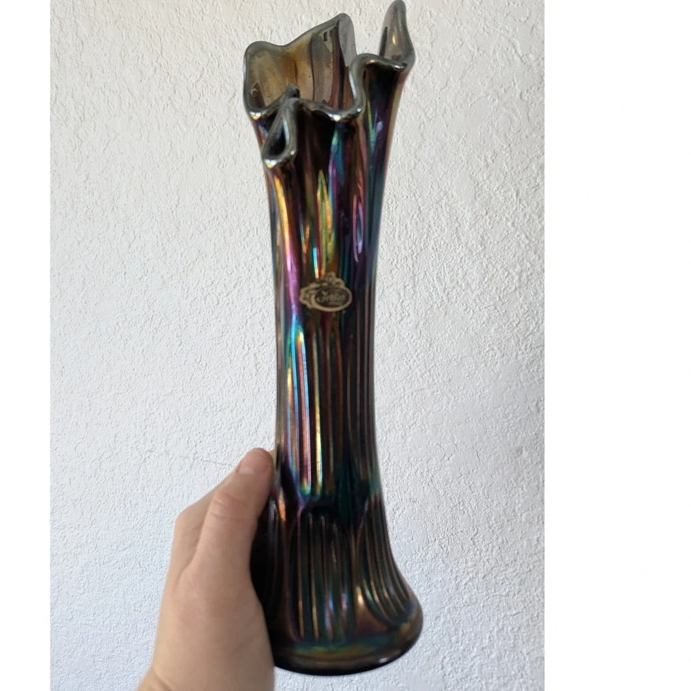 Fenton Amethyst Iridescent Carnival Glass Swung Bud Vase‎ Ruffled Rim 12 inch